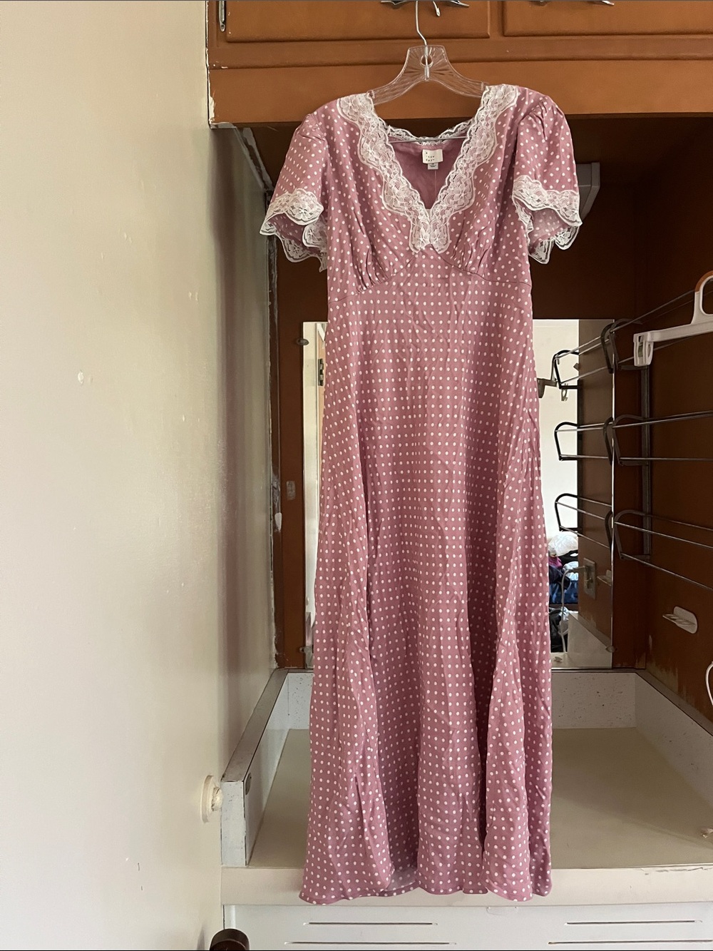 a new day Dusty Pink Polka Dot Maxi Dress with White Lace